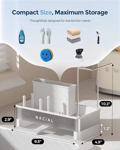 Nacial Sponge Holder for Kitchen Sink, Sink Caddy Organizer with High Brush Holder & Two Towel Racks - Rustproof 304 Stainless Steel Kitchen Countertop Storage Essentials - White - Image 2