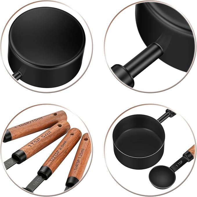 Stainless Steel Measuring Cups and Spoons Set of 8, Stackable Wooden Handle Metal Measuring Cup & Spoon Set with Metric & US Measurements, Rustic Farmhouse Kitchen Gadgets for Dry & Liquid Ingredients