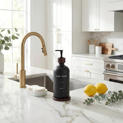 Dish Soap Dispenser, Refillable Soap Dispenser Kitchen with Tray, Glass Soap Dispenser with Pump, Suitable for Soap Dispenser for Kitchen Sink, Modern Home Decor. (Black)
