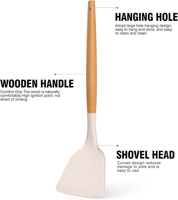 Silicone Cooking Utensils Set - AVGPD Silicone Kitchen Utensils for Cooking Wooden Handles, 446°F Heat Resistant Kitchen Utensil Spatula Sets w Holder, Gadgets for Non-Stick Cookware BPA FREE (Khaki) - Image 8