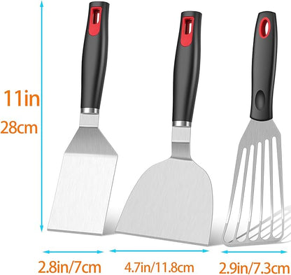KLAQQED Spatula Set Stainless Steel Kitchen Metal Spatula for Cast Iron Skillet with Silicone Handle, Fish Spatula Turner Flipper for Pancake Burger Egg Cooking Spatulas BBQ Grill Griddle