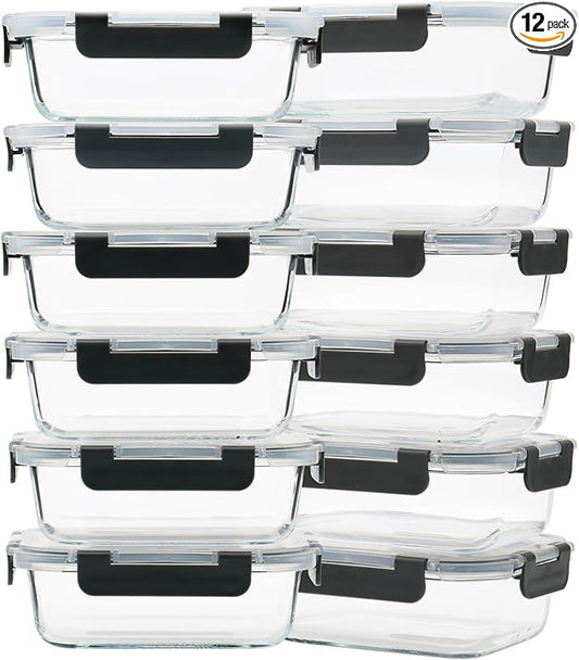 GULFLIN 12 Pack 22oz Glass Meal Prep Containers, Food Storage Containers with Lids, Air-Tight, Leak-Resistant, Freezer to Microwave Safe - Grey Set
