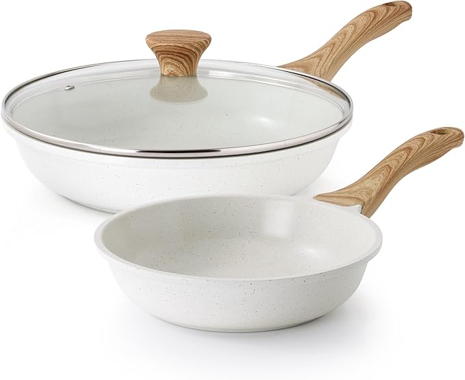 SENSARTE Nonstick Frying Pan Skillets, White Ceramic Coating Omelette Pans, Healthy Cookware Chef's Pan, Free of PTFE & PFAS (8+11Inch with Lid) by SENSARTE