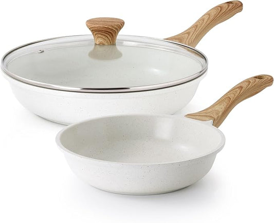 SENSARTE Nonstick Frying Pan Skillets, White Ceramic Coating Omelette Pans, Healthy Cookware Chef's Pan, Free of PTFE & PFAS (8+11Inch with Lid) by SENSARTE