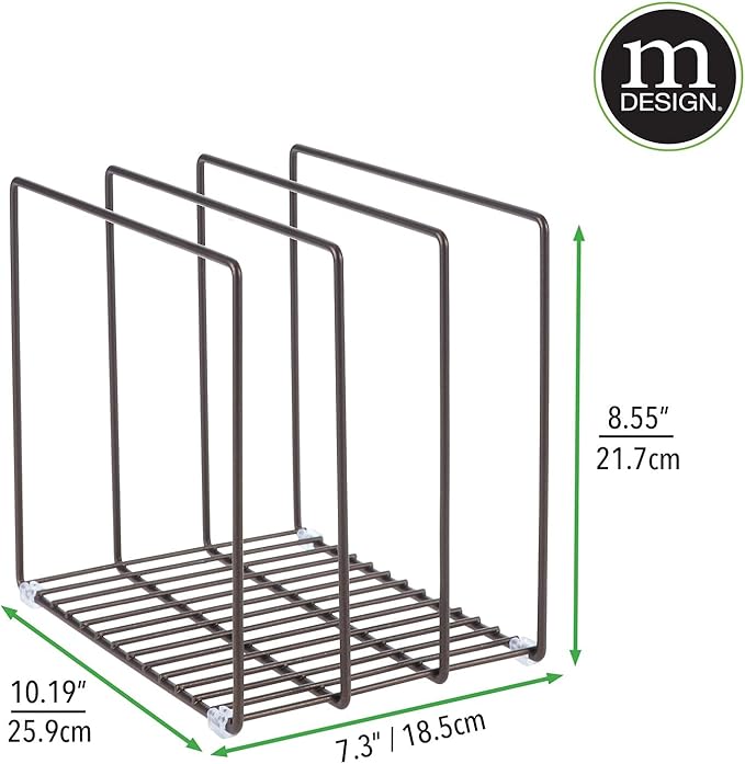 mDesign Steel Storage Tray Organizer Rack for Kitchen Cabinet - Divided Holder with 3 Slots for Skillets, Frying Pan, Pot Lids, Cutting Board, Baking Sheets - Concerto Collection - Bronze - Image 7