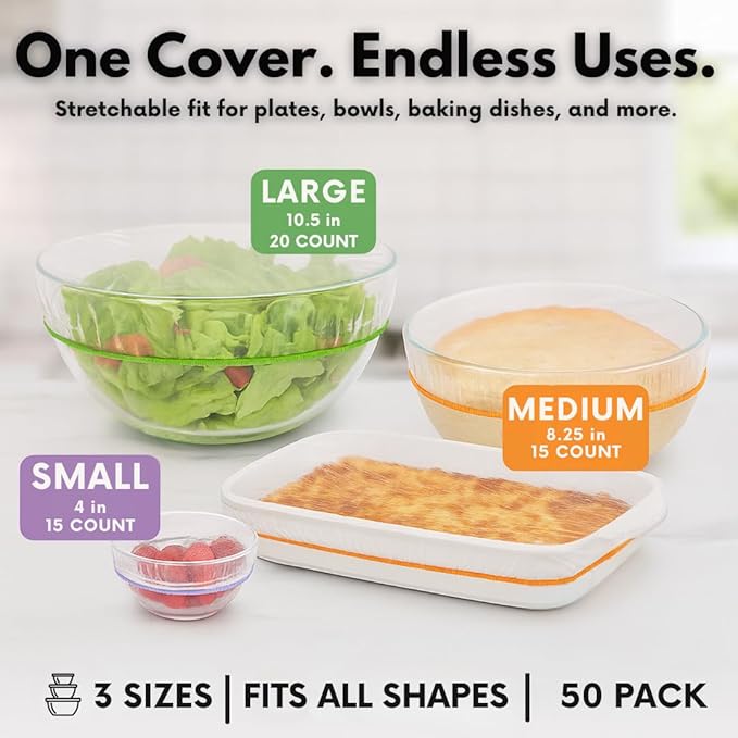 Plastic Bowl Covers, Elastic Reusable Food Covers for Bread Proofing, Storage & Outdoor Use – 50 Pack, Stretch Fit, 3 Sizes - Image 2