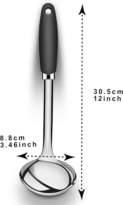12 Inch Soup Ladle, Black Stainless Steel Ladle Spoon with Comfortable Handle, Long Handle Soup Serving Spoon for Cooking, Stews, Sauce, Gravy, Broth, Kitchen Utensil