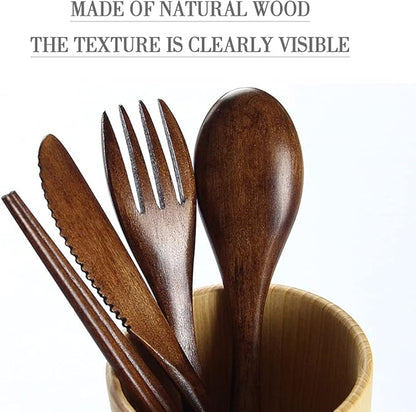Portable Wooden Cutlery Set for Travel and Camping - 4 Piece Set With Reusable Wooden Spoon, Fork, Knife and Chopsticks - Image 3