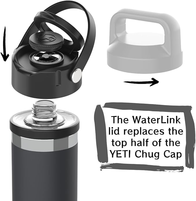 WaterLink MagSafe Compatible Lid for YETI Rambler Chug Cap, AirTag Holder, Magnetic Phone Stand (Black, with Handle)