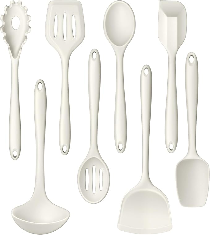 LIANYU 8Pcs Kitchen Cooking Utensils Set, Silicone Utensil Sets, Heat Resistant Kitchen Gadgets Essentials for Nonstick Cookware with Spatula, Spoon, Tuner, Ladle, Dishwasher Safe, White by LIANYU