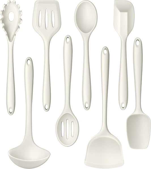 LIANYU 8Pcs Kitchen Cooking Utensils Set, Silicone Utensil Sets, Heat Resistant Kitchen Gadgets Essentials for Nonstick Cookware with Spatula, Spoon, Tuner, Ladle, Dishwasher Safe, White by LIANYU