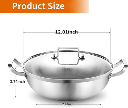 Delarlo Tri-Ply Stainless Steel 12 inch Everyday Pan with Glass Lid, Deep Saute Pan, Kitchen Everything Pan, High Side Chef's Pans, Induction Cooking Pot, Dishwasher Safe, 4QT Stock Pot Up To 600℉