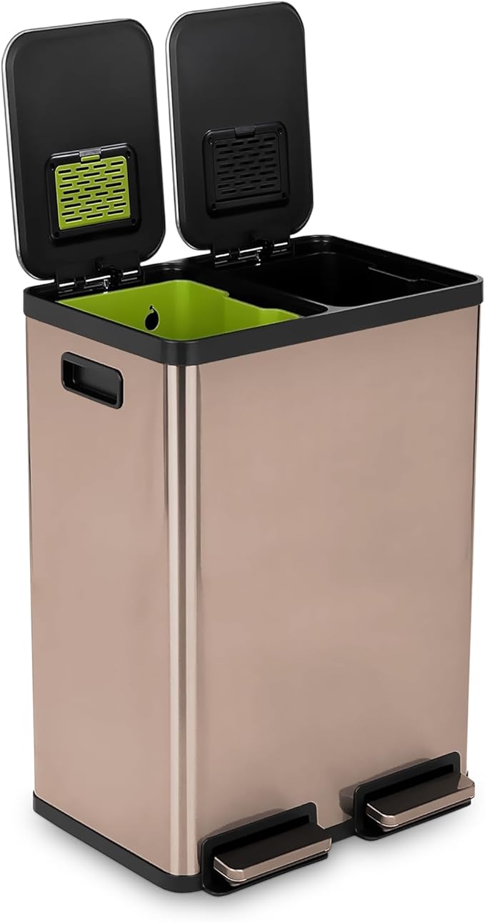 SIMPLI-Magic 60L / 16 Gallon Dual Compartment Kitchen Trash Can - Hands-Free Step Pedal, Soft-Close Lid, Stainless Steel Recycling Bin with Odor Control (30L + 30L) by Simpli-Magic
