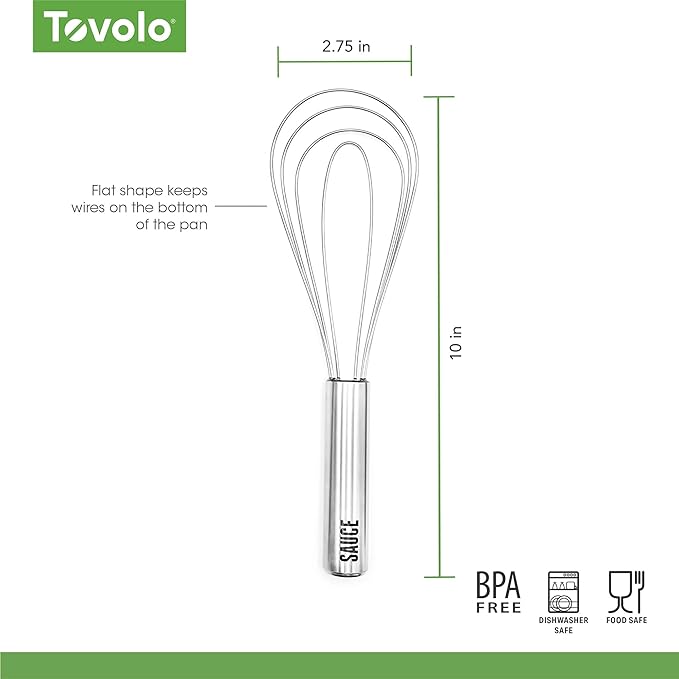 Tovolo Flat Whisk Stainless Steel 10” Gravy Whisk for Sauces Roux Batters, Large Kitchen Classic Dishwasher Safe Flat Bottom Whisker for Cooking Blending Mixing Stirring Whipping Beating Whisking - Image 7