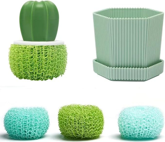 Dish and Pot Cleaning Brush with Holder Kitchen Cleaner Dish Scrub Brushes Dishes Pots Pans Cleaning Tool- 3 Replaceable Brush Heads