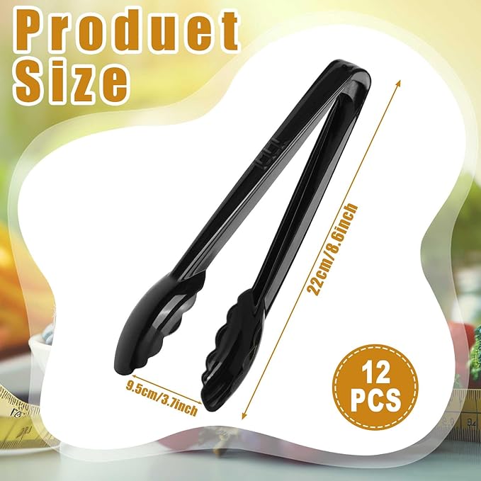 Mwellewm 12 Pc Serving Tongs 9 Inch Bulk Reusable or Disposable Plastic Tongs Heavy Duty Hard Plastic Serving Utensils Set Large Salad Tong for Kitchen Party Food Buffet Appetizer Catering(Black） - Image 5