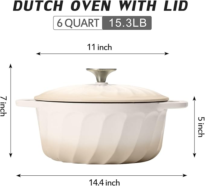 6 QT Enameled Cast Iron Dutch Oven with Lid, Non-Seasoning Enamel Coated Pot, 500°F Oven Safe, Dual Handles, Compatible with All Cooktops for Bread Baking, Braising & Stewing, White (White,6 QT)