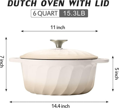 6 QT Enameled Cast Iron Dutch Oven with Lid, Non-Seasoning Enamel Coated Pot, 500°F Oven Safe, Dual Handles, Compatible with All Cooktops for Bread Baking, Braising & Stewing, White (White,6 QT)