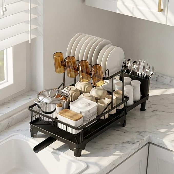 GSlife 2 Tier Dish Drying Rack with Drainboard, Expandable Large Dish Drainer for Kitchen Counter, Rust Resistant Dish Drainer with Cup Holder & Utensil Holder, 12.6" W x 18.7"-25.2" L, Black - Image 8