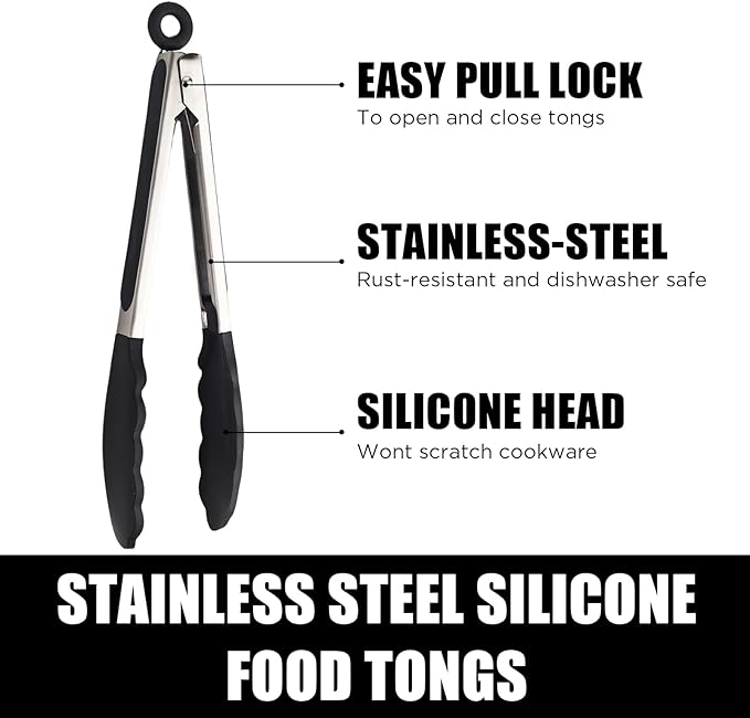 Kitchen Tongs with Silicone Tips, Kitchen Tongs, Cooking Tongs, Premium Stainless Steel Locking Cooking Tongs, Non-Slip Food Tongs for Cooking, Heavy Duty, Non-Stick, 480℉, Set of 3-7"/9"/12" Black - Image 2