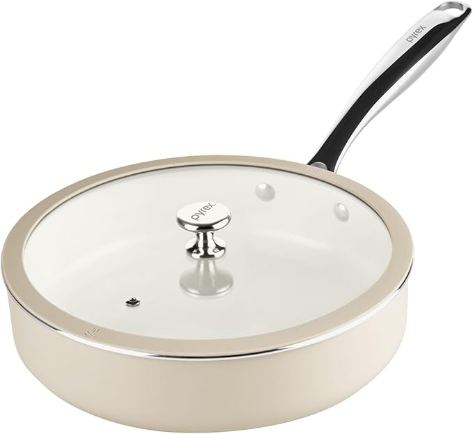 Pyrex 10.8-Inch Deep Fry Pan Ceramic Cookware with Lid & Stainless Steel Handles, Healthy Nonstick Ceramic Coating, Induction Compatible Stainless Steel, PFAS Lead Cadmium BPA Free