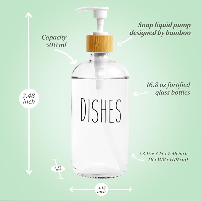 LOOCHICA Dish Clear Glass Soap Dispenser with Plastic Pump, 16 Oz Transparent Dish Soap Dispenser Set Refillable Reusable Apothecary Soap Pump Dispenser Bottles for Bathroom and Kitchen - Image 3