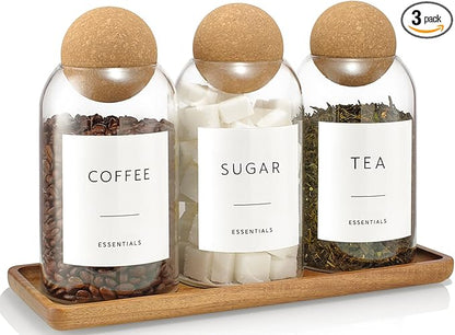 Coffee Sugar Tea Container Set, 3 Pack Glass Jars with Cork Lids, Apothecary Jars with Tray for Bathroom, Decorative Qtip and Cotton Ball Holder, Cute Display Jars for Coffee Bar (27oz) by GENSTEUO