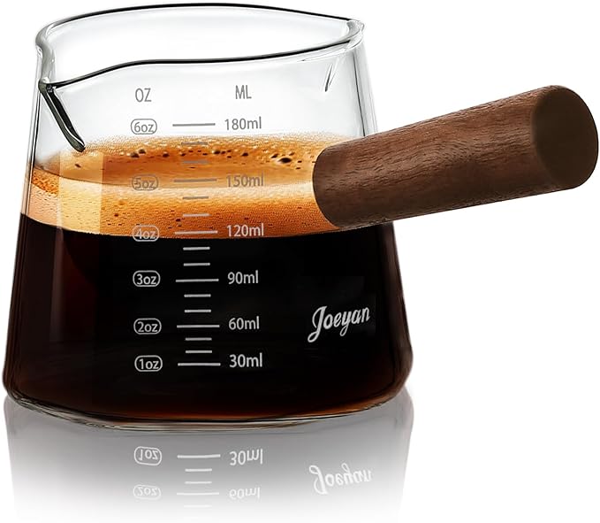 Joeyan 6 oz Glass Measuring Cup with Double Spouts,Borosilicate Espresso Shot Glasses with Wooden Handle,Claer Measuring Triple Milk Frothing Pitcher for Coffee Tea by JoeyanHousehold