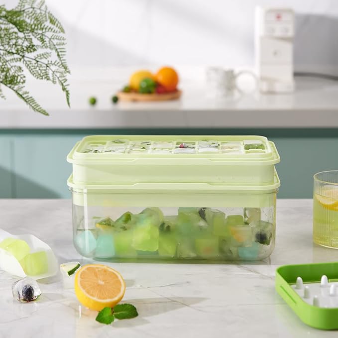 Ice Cube Tray with Lid and Bin, 64 pcs Ice Tray Kit with Ice Scoop, Ice Cube Pop Out Tray, Ice Cube Trays for Freezer, Ice Cube Molds, BPA Free, Easy Release Stackble Spill-Resistant ZZWILLB (Green)