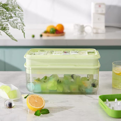 Ice Cube Tray with Lid and Bin, 64 pcs Ice Tray Kit with Ice Scoop, Ice Cube Pop Out Tray, Ice Cube Trays for Freezer, Ice Cube Molds, BPA Free, Easy Release Stackble Spill-Resistant ZZWILLB (Green)