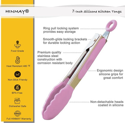 HINMAY Small Serving Tongs with Silicone Tips 7-Inch Mini Tongs, Set of 3 (Pink) - Image 2