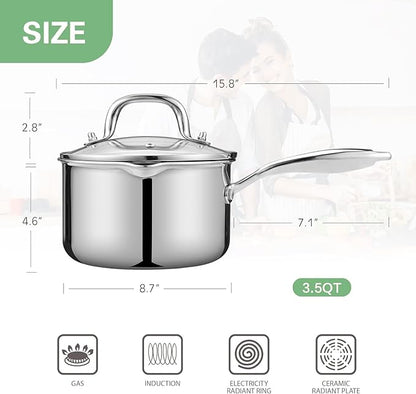 Tri-Ply Stainless Steel Sauce Pan with Steamer Basket & Strainer Glass Lid–Multi-Function Pot 3.5 QT- Modern Sleek Design–Safe,Chemical-Free& Stylish Cookware–Upgrade Your Kitchen with Healthy Cooking