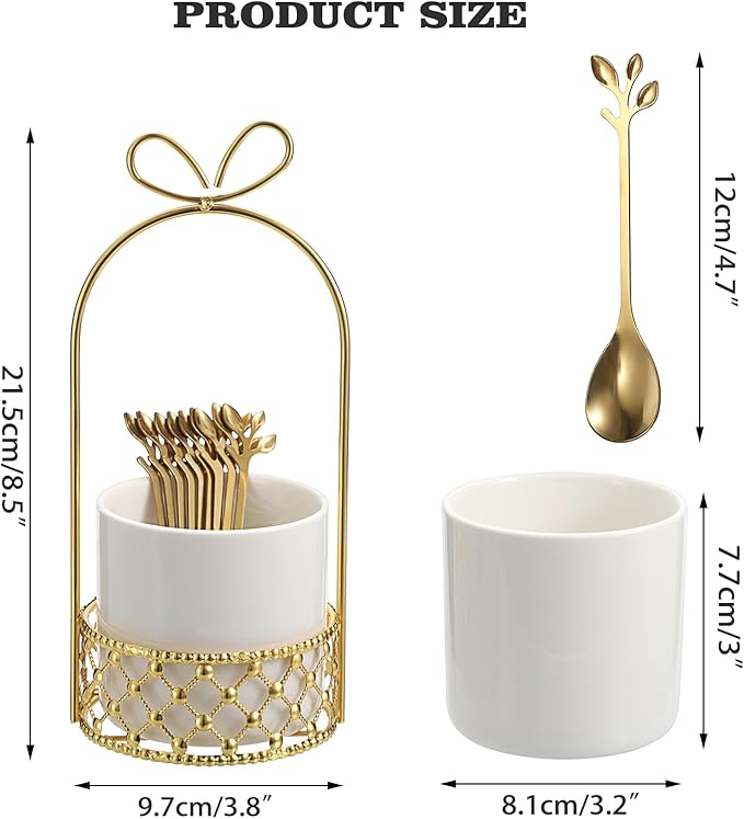 ELLDOO Coffee Spoon Set, White Ceramic Holder with 8 Stainless Steel Gold Leaf Coffee Spoons, Creative Flatware Set for Stirring, Mixing, Sugar, Ice Cream, Cake (8 x Spoons) - Image 2