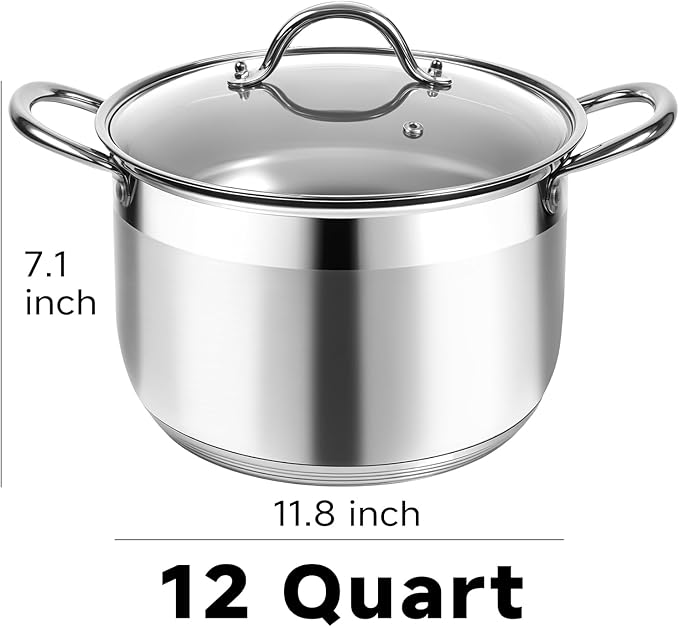 Kirecoo Stainless Steel Stock Pot - 12 Quart Heavy Duty Stock Cooking Pot with Visible Lid for Pasta, Soup, Spaghetti, Nonstick Thick Bottom Big Stockpot, Cookware for Canning, Boiling, Simmer - Image 2