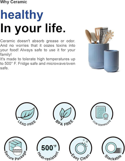 LE TAUCI Utensil Holder for Kitchen Counter, 7.3"+5.4" Fluted Ceramic Utensil Crock Organizer for Countertop, Heavy Large Holder for Spatulas, Spoons, Set of 2, Dusty Blue - Image 7