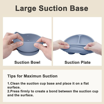 Silicone Baby Feeding Set | Baby Led Weaning Supplies Includes Suction Bowls and Divided Plates, Adjustable Bib, Baby Utensils Spoons and Forks,Cup | Baby Feeding Essentials (Blue Gray)
