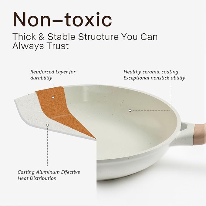 Pots and Pans Set Non Stick Non-Toxic 22 Pcs Ceramic Cookware Sets Nonstick Kitchen Pot&Pan With Lid Cream White Granite Induction Compatible with Glass Lids Crepe Frying Pan PFOA/PFOS-Free - Image 2