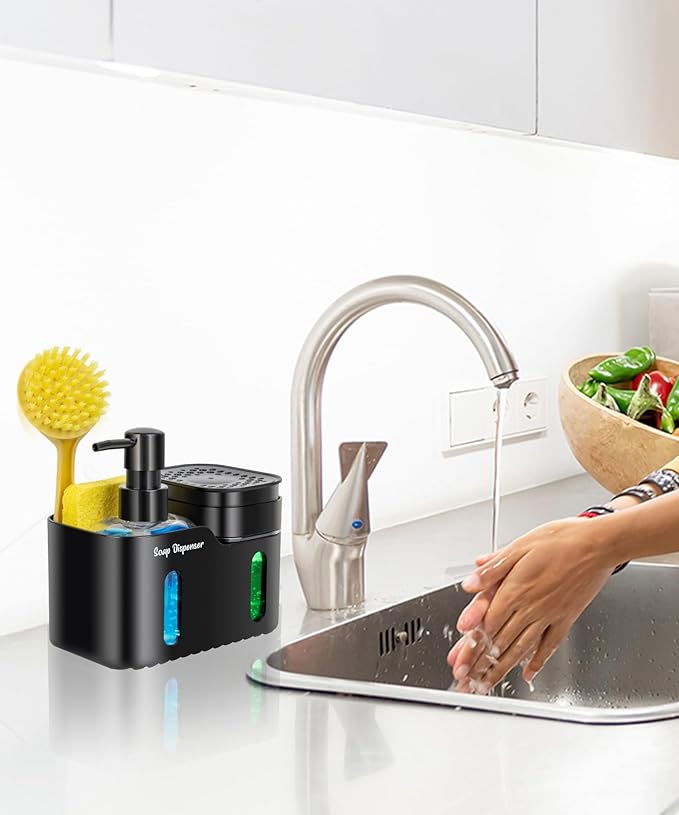 Hand Soap and Dish Soap Dispenser Set for Kitchen, Dual Soap Dispenser with Sponge Holder and Dishcloth Holder 4-in-1 Organizer for Kitchen Sink Countertop, Useful Kitchen Gadgets (Black) - Image 5