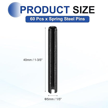 MECCANIXITY 60Pcs Slotted Split Roll Pins 1/5 Inch(5mm) Dia. 1-3/5 Inch(40mm) Length 65Mn Steel Spring Tension Expansion Dowels for Secure Fastening, Black