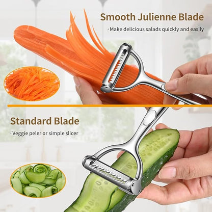 Julienne Peeler Vegetable Peeler with Clean Brush, Julienne Peeler for Kitchen, Potato Apple Vegetable Peelers for Kitchen, 2 in 1 Blade Spin Design With Julienne Function, 1 Pack