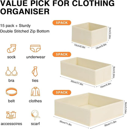 DIMJ Drawer Organizer Clothes, 15 Pack Dresser Organizer, Foldable Closet Organizers and Storage, Fabric Dresser Bins, Drawer Dividers for Nursery, Baby Clothes, Underwears, Sock (Beige) - Image 2