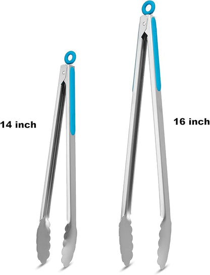 304 Stainless Steel Kitchen Cooking Tongs, 14" and 16" Set of 2 Sturdy Grilling Barbeque Brushed Locking Food Tongs with Ergonomic Grip, Blue - Image 4