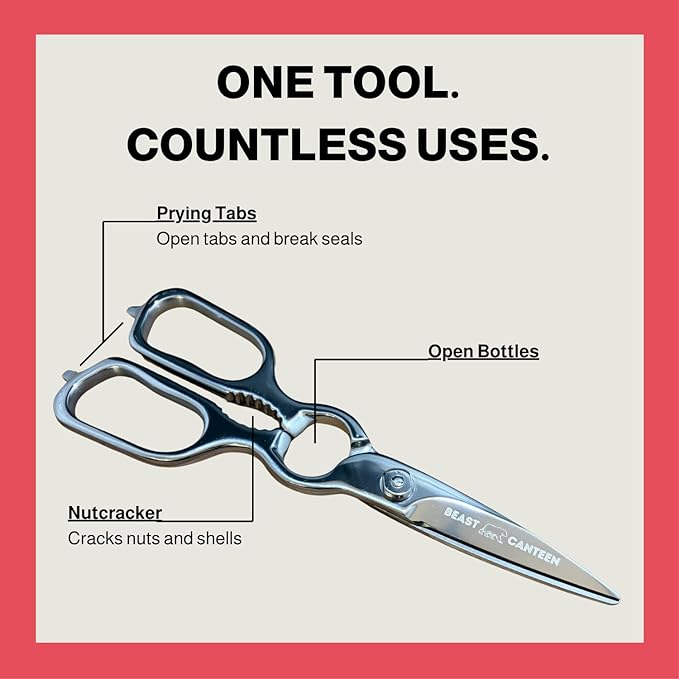 Heavy Duty Kitchen Scissors for Food — All Purpose Cooking Scissors, All Stainless Steel, No Plastic, Come-Apart Blades for Easy Cleaning, Dishwasher Safe, 5-in-1 Multi-Tool