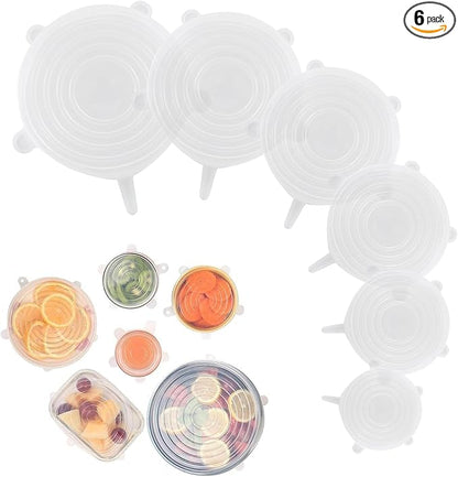 Silicone Stretch Lids – 6 Pack Reusable Food Covers,Flexible Silicone for Bowls, Containers, Fruits – Airtight & Leakproof Seal for Kitchen Storage(transparent)