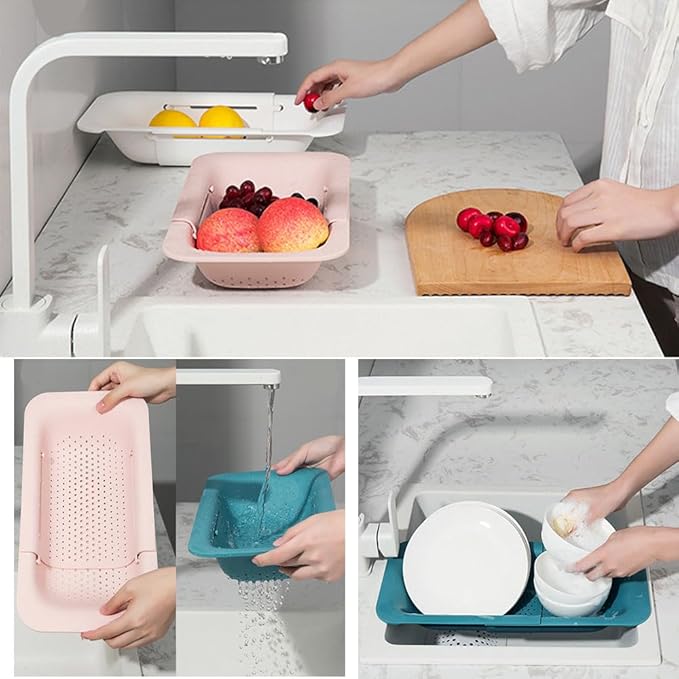 NIWWIN Collapsible Kitchen Colander Strainer, Expandable Over the Sink Colander for Kitchen, Adjustable Silicone Portable Sink Strainer, Foldable Wash Fruits Vegetables Noodle Basket (Green)