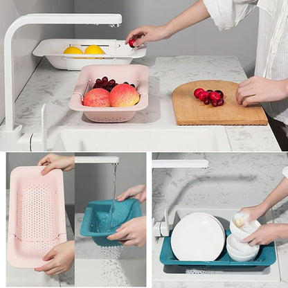 NIWWIN Collapsible Kitchen Colander Strainer, Expandable Over the Sink Colander for Kitchen, Adjustable Silicone Portable Sink Strainer, Foldable Wash Fruits Vegetables Noodle Basket (Green)