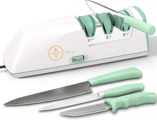 Electric Knife Sharpener with Replaceable Sharpening Head Easy to Change, 3-Stage & 15° Precision Angle Diamond Sharpening System for Metal Knives, Ceramic knives, Exquisite Gifts and Packaging