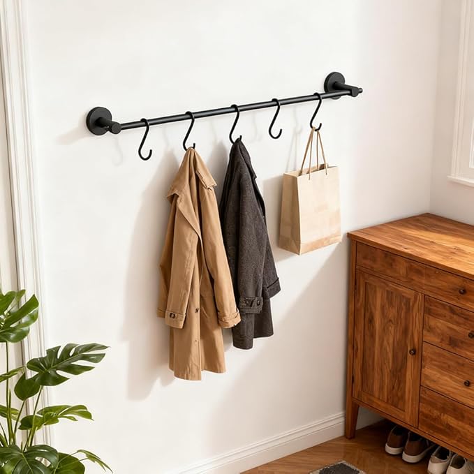 NEWRAIN Pot Rack Wall Mounted, 21 inch Hanging Pot and Pan Hanger, Stainless Steel Kitchen Rail Coffee Mug Rack with 10 S Hooks,Matte Black