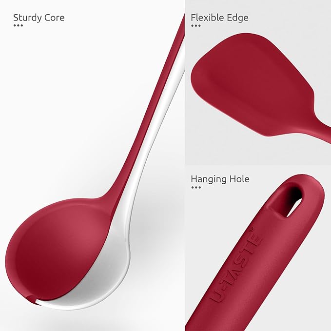 Silicone Kitchen Cooking Utensil Set: U-Taste High Heat Resistant 13.6in Long Kitchen Gadgets, BPA Free Non Stick Rubber Cook Accessories For Stir Frying, Serving, Basting, Mixing (5 Pieces, Red) - Image 5