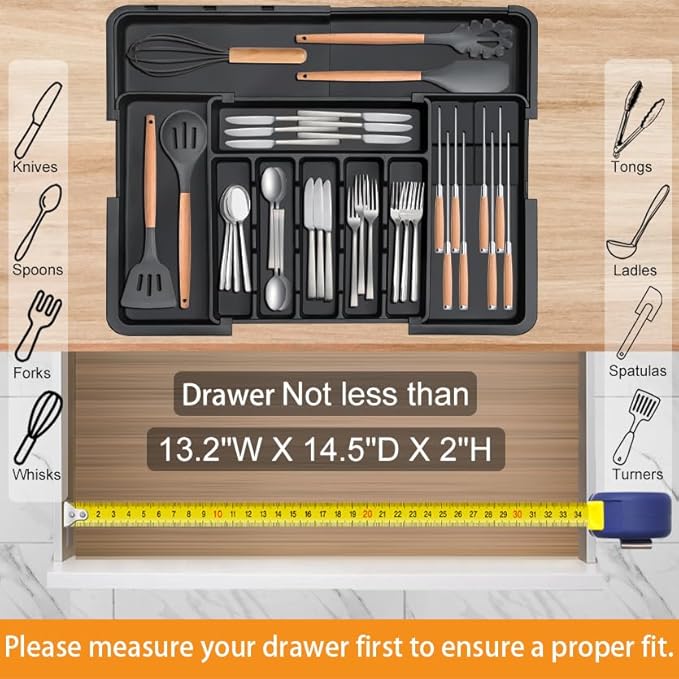 Homecor Silverware Organizer - Expandable Large Kitchen Drawer Organizer Utensil Organizer with 2 Removable Knife Blocks, 22"x 19"Cutlery Tray Drawer Dividers for Kitchen Flatware(6-9 Slots) (Black) - Image 6